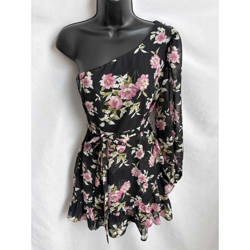 Lulus Popular Sweetie Black Floral One Shoulder Ruffled Mini Dress Size XS Girly